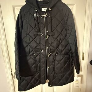 DKNY Black Quilted Hooded Puffer Coat with Toggle Details